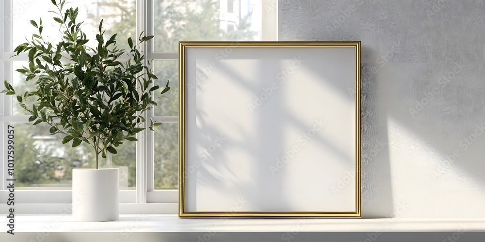 Poster mockup of an empty white frame with gold edges on the windowsill in front of a large window, generat