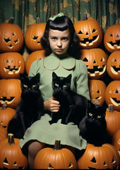 50s girl with black_cat_and_Halloween_pumpkins