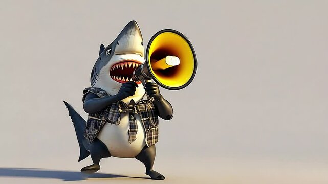 A cartoon shark with a megaphone in its mouth, in a plaid shirt, yelling.