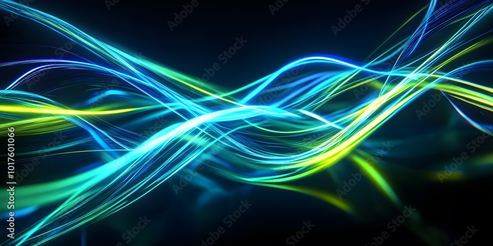 Poster abstract futuristic background with glowing neon moving high speed wave lines, generative ai