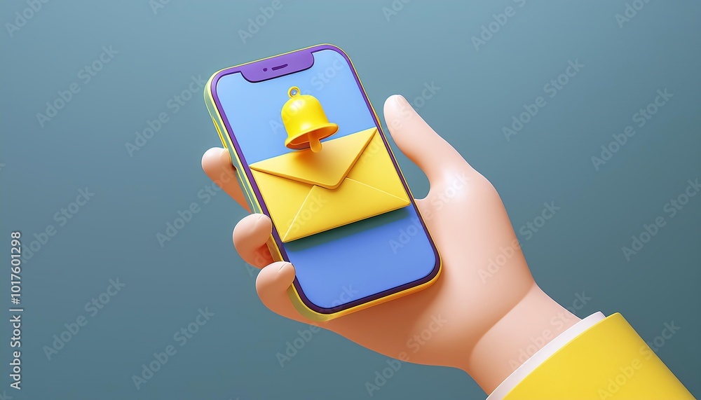 Poster a colorful illustration of a hand holding a smartphone displaying a notification bell and an envelop