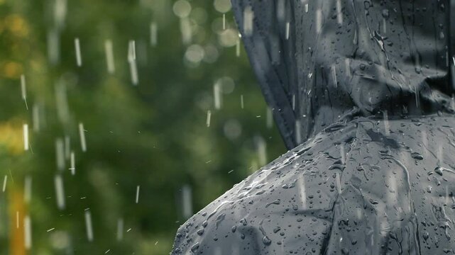 Closeup unrecognizable person in heavy rain, young man in water proof black coat