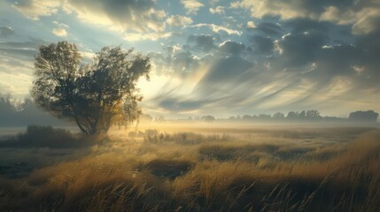 Depict the change from a calm, foggy morning to a windy, cloudy afternoon with gusts of wind moving through the landscape