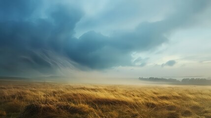 Depict the change from a calm, foggy morning to a windy, cloudy afternoon with gusts of wind moving through the landscape