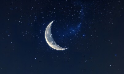 Mesmerizing night: a crescent moon in a dark blue sky filled with stars, showcasing the beauty of the universe, generative ai
