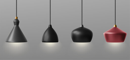 Modern pendant chandelier for ceiling light vector. 3d hang lamp for home interior in black and red. Realistic hanging shade on long cable for loft studio decoration. Fancy industrial luminary object © klyaksun