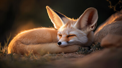 A peaceful image of a fennec fox lounging in a natural outdoor environment, surrounded by grass and rocks, under the warm sunlight.