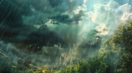 Obraz premium Depict the shift from a calm, sunny day to a heavy rainstorm, with dark clouds rolling in and rain pouring down, changing the scene's atmosphere