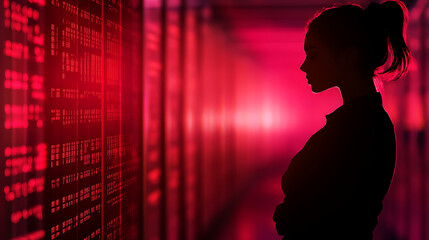 Silhouette of a woman in front of vibrant data servers, creating a futuristic ambiance.
