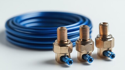 Close Up of Brass Fittings and Blue Hose