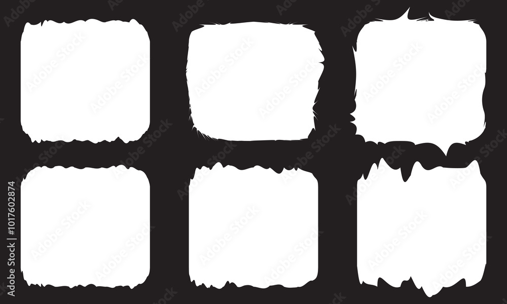 Poster set of white grunge rectangle frames with jagged edges. geometric rectangular form of old torn paper
