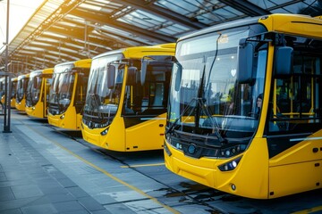 Modern Yellow Electric Buses in a Row at Public Transportation Station, Eco-Friendly City Transport