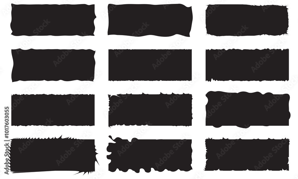 Poster set of black grunge rectangle frames with jagged edges. geometric rectangular form of old torn paper