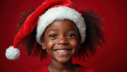A joyful African-American girl wearing a Christmas hat and smiling into the camera, her excitement shining through against a dark red background.