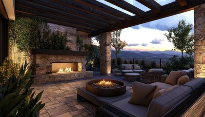 Fireplace and luxurious fabrics enhance this stone and wood mountain terrace pergola.