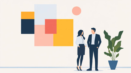 Fototapeta premium A man and woman in business attire stand before a colorful wall, engaged in conversation.