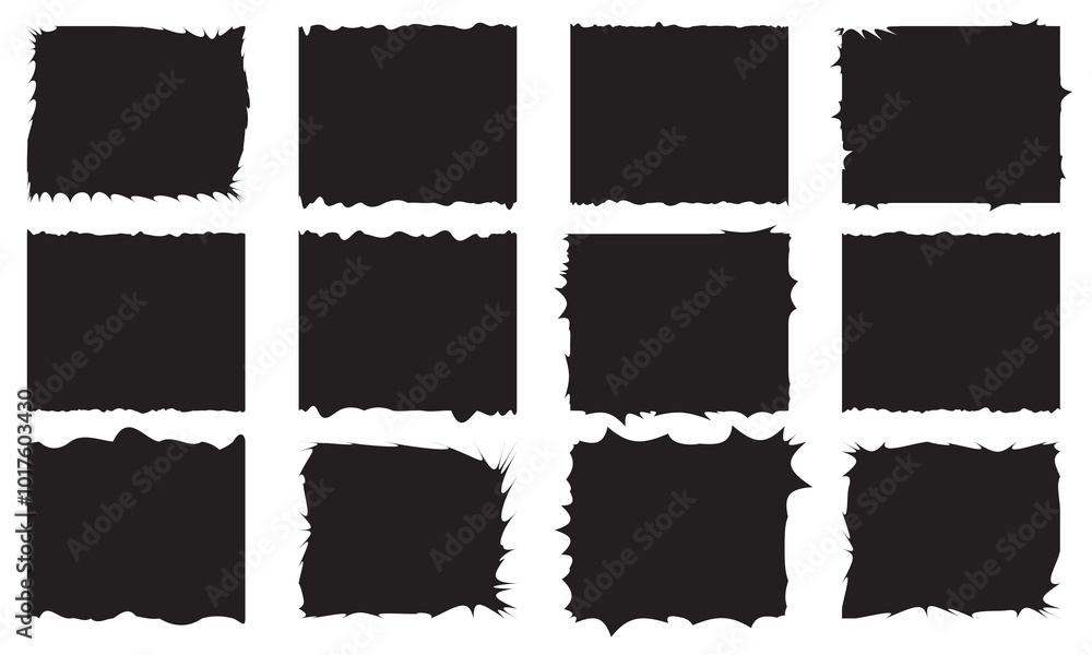Poster set of black grunge rectangle frames with jagged edges. geometric rectangular form of old torn paper