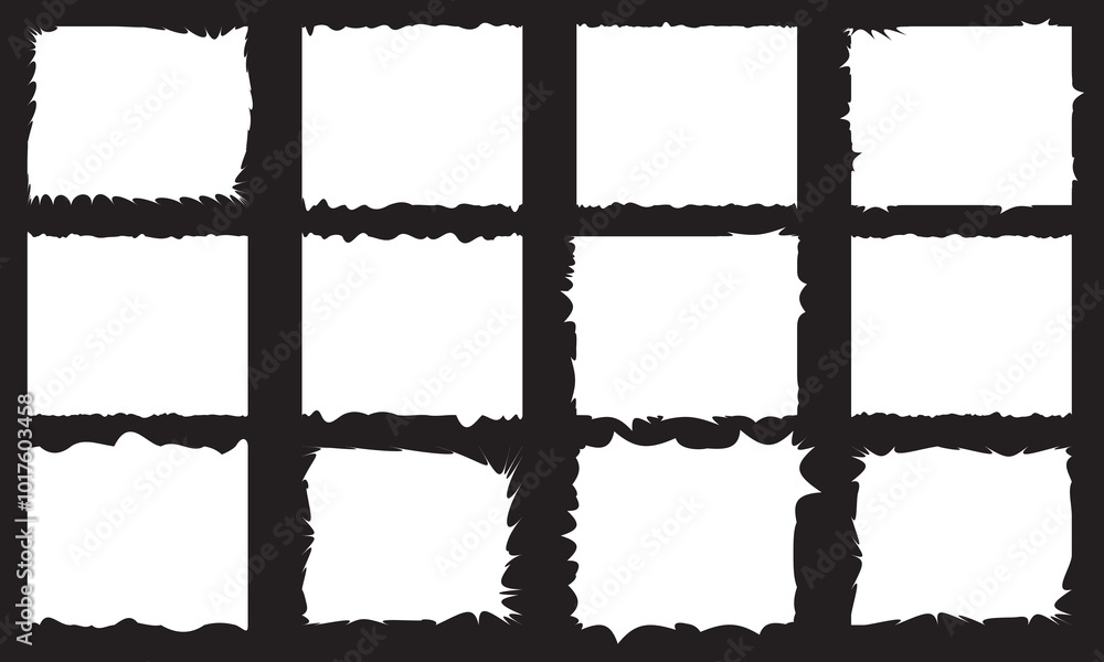 Poster set of white grunge rectangle frames with jagged edges. geometric rectangular form of old torn paper