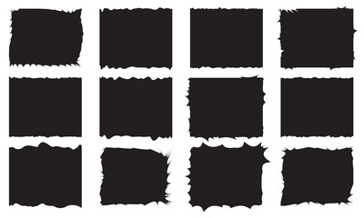 Set of black grunge rectangle frames with jagged edges. Geometric rectangular form of old torn paper pieces or shred black sheets. Ripped edge texture .  isolated on white  background. EPS 10