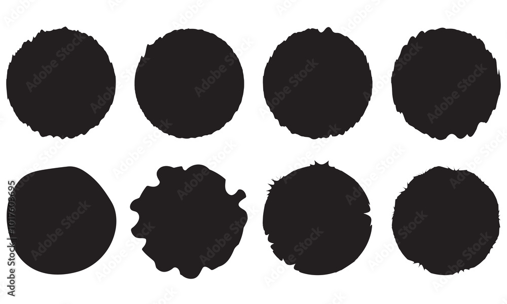 Poster set of black grunge circle frames with jagged edges. geometric rectangular form of old torn paper pi