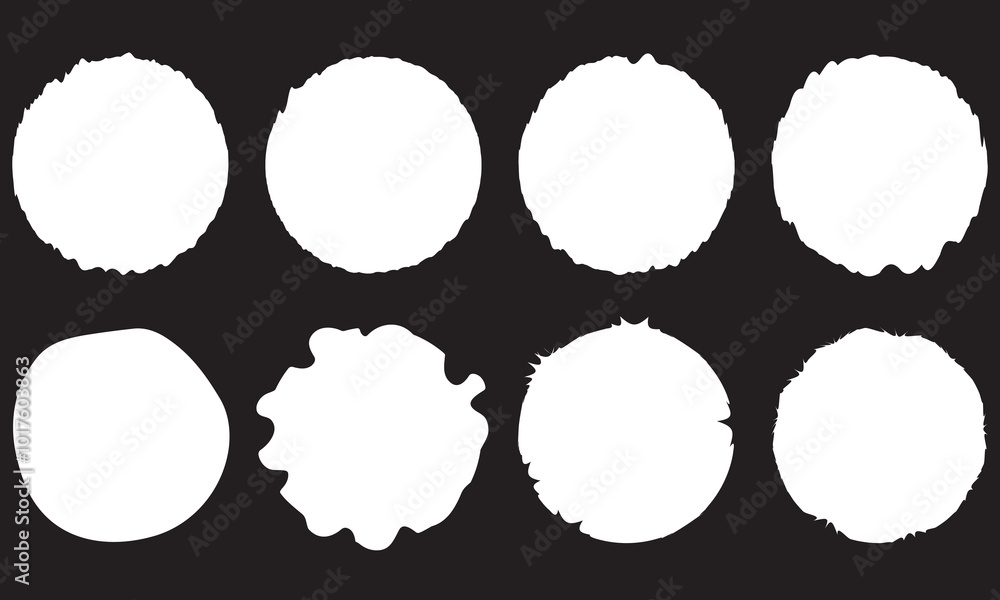 Poster set of white grunge circle frames with jagged edges. geometric rectangular form of old torn paper pi