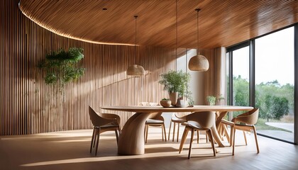 A modern dining area features a unique curved wooden table, stylish chairs, and natural light streaming through large windows, complemented by greenery and warm wood textures