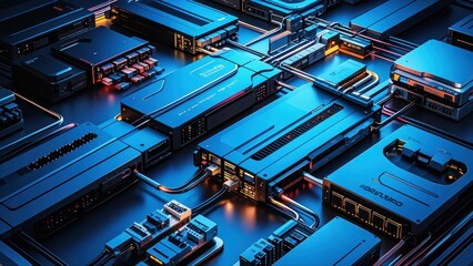 Fototapeta premium Background network technology scene showcasing interconnected devices, servers, and data centers. High-tech cables