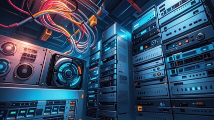 Background network technology scene showcasing interconnected devices, servers, and data centers. High-tech cables