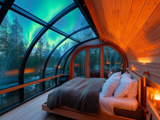 A cozy glass igloo hotel in Finland, with the Northern Lights visible from the comfort of the bed inside.