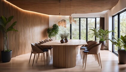 Fototapeta premium A modern dining area features a unique curved wooden table, stylish chairs, and natural light streaming through large windows, complemented by greenery and warm wood textures