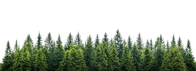 Row of evergreen trees under clear sky, panoramic forest banner