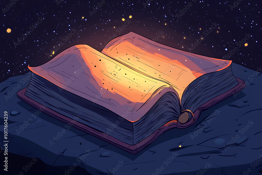 Poster an open book glowing softly in a cosmic setting, symbolizing knowledge and imagination.