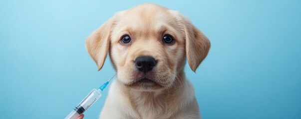 A cute puppy being vaccinated by a veterinarian, illustrating pet health and care in a bright, clean environment