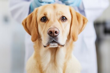 A golden Labrador retriever patiently waiting at a veterinary clinic, showcasing its friendly and calm demeanor