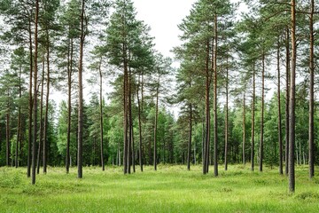 Obraz premium Pine forest clearing, serene nature scene.