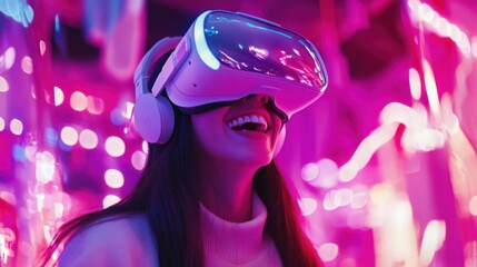 A delighted young woman experiencing the metaverse in a VR headset, surrounded by immersive 3D environments and colorful digital avatars