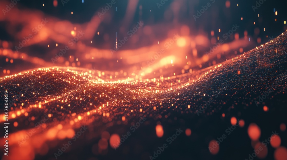 Poster glowing particles in a digital cyberspace environment, representing a global data network and seamle