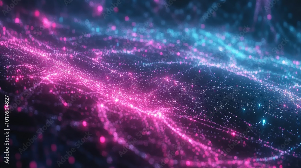 Poster glowing particles in a digital cyberspace environment, representing a global data network and seamle