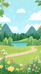Naklejka premium A serene landscape with rolling hills, a calm lake, and vibrant flowers under a bright sky on a sunny day in a picturesque setting