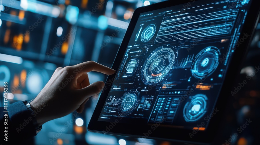 Poster digital tablets aid a businessman in applying blockchain technology and data encryption, integrating