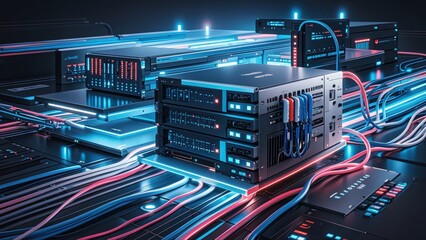Background network technology scene showcasing interconnected devices, servers, and data centers. High-tech cables