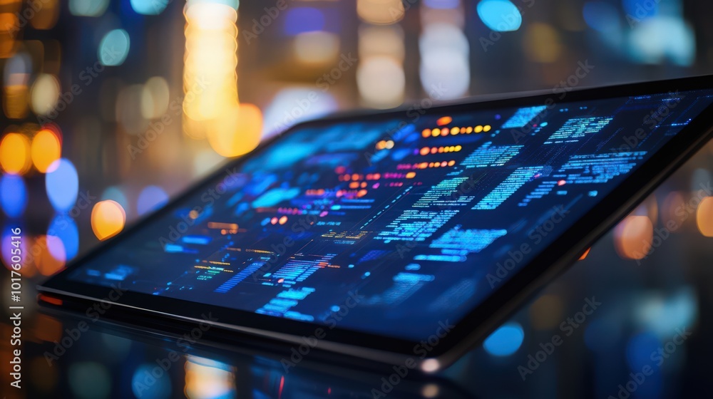 Poster digital tablets aid a businessman in applying blockchain technology and data encryption, integrating