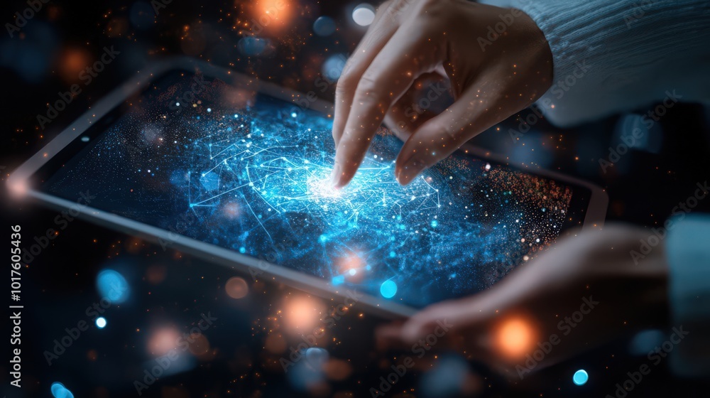 Poster digital technology and ai are used by data scientists on digital tablets to manage and analyze big d