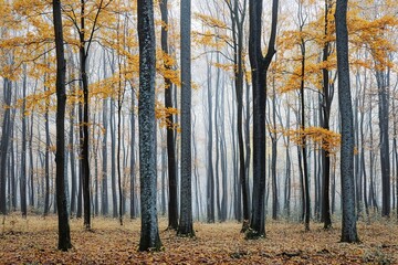 Misty forest in autumn with yellow leaves and bare trees