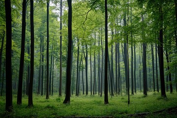 Naklejka premium Misty forest with lush green trees and serene ambiance