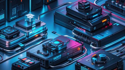 Background network technology scene showcasing interconnected devices, servers, and data centers. High-tech cables