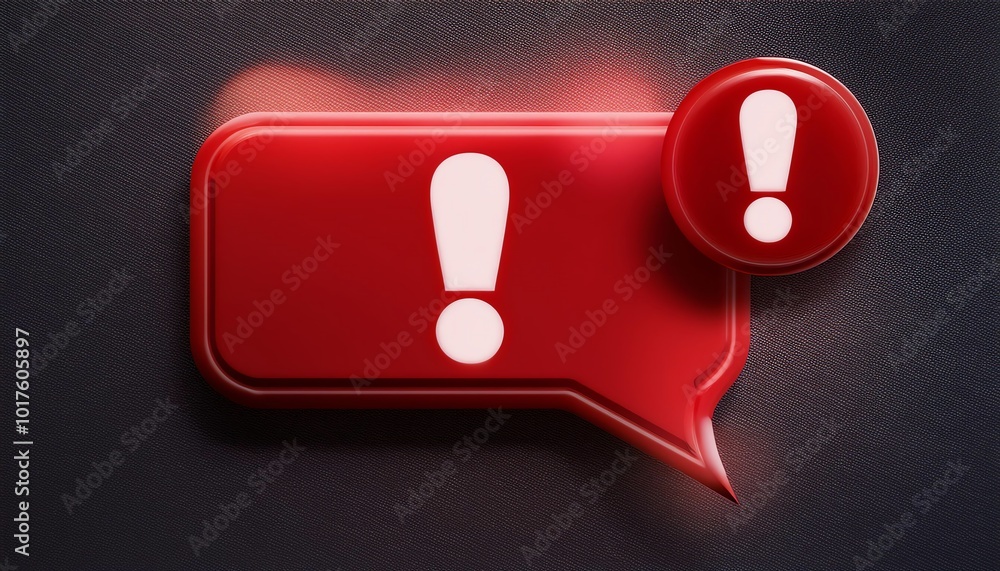 Poster a red speech bubble with exclamation marks, symbolizing urgency or important notifications on a dark