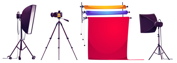 Professional studio photoshoot equipment - paper colorful backgrounds, lighting lamp with softbox on tripod stand, photo camera. Cartoon vector illustration set of photographer backstage work tools.