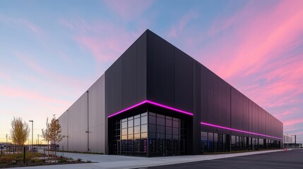 Fototapeta premium Modern Data Center Building with Pink Sunset Sky and Neon Lights