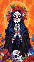 A beautiful illustration of the Mexican day of The Dead, featuring Santa Muerte with roses and skulls, and woman holding skeleton hands. She is wearing black robes, dark blue hair in long wavy curls